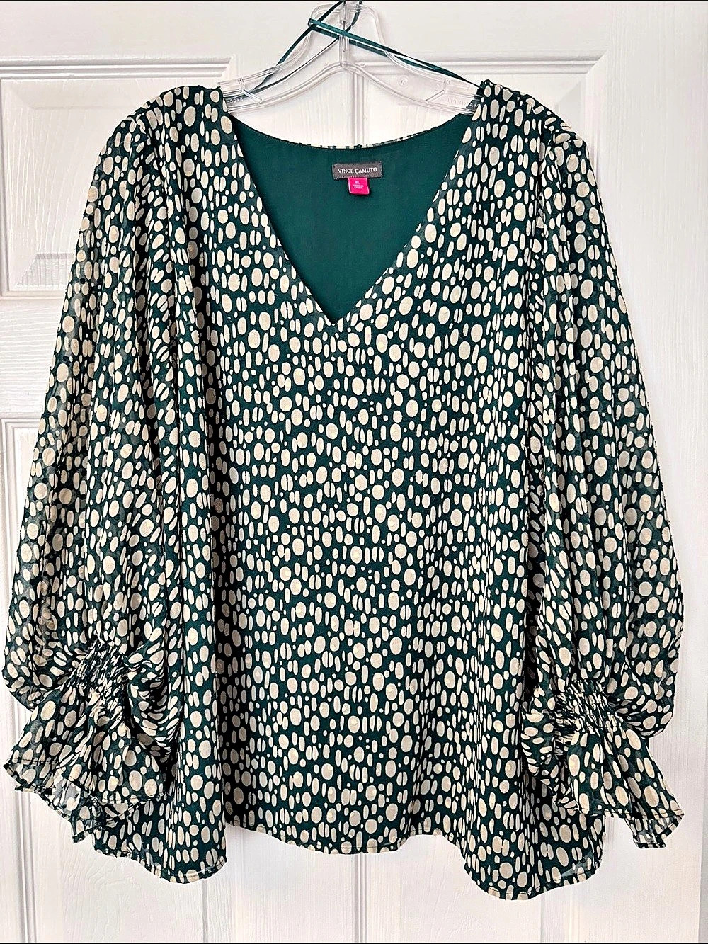 Vince Camuto Long Sleeve Smocked Cuff Clip Dot V-Neck Blouse Clip Dot V-Neck